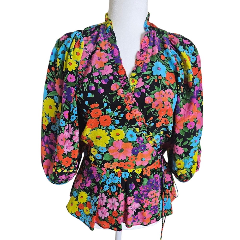 Beautiful Floral Wrap Top By Les Reveries - Multicolor, SZ XS